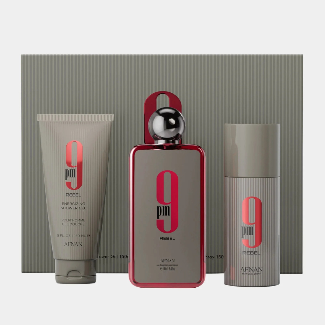 Afnan 9pm rebel gift set 100ml eau de parfum 150ml deodorant 150ml shower gel